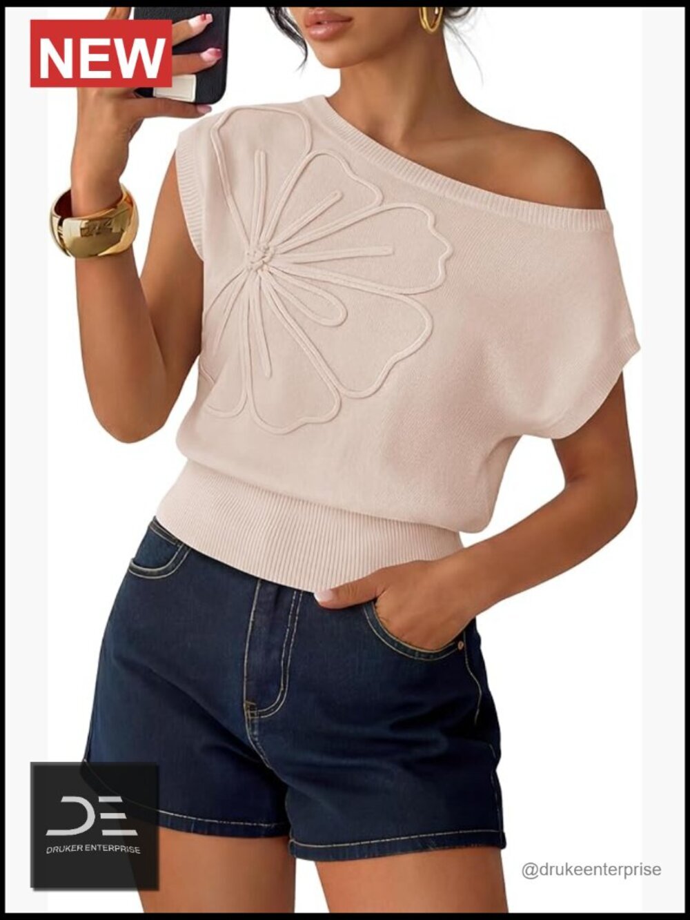 Off Shoulder Floral Knit Sweater Vest Loose Going Out Top Summer